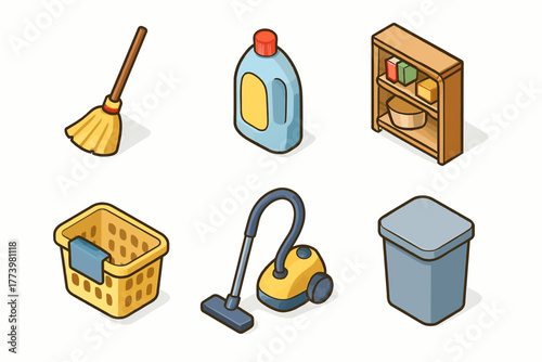 Isometric cleaning tools collection: broom, detergent, vacuum, and more