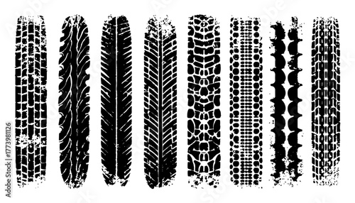 High-quality overlay of realistic tire tracks on white background. Seamless tire, track, car, vector, wheel texture. Clean tire print with Overlay and transparent look. Great for car, vector, 