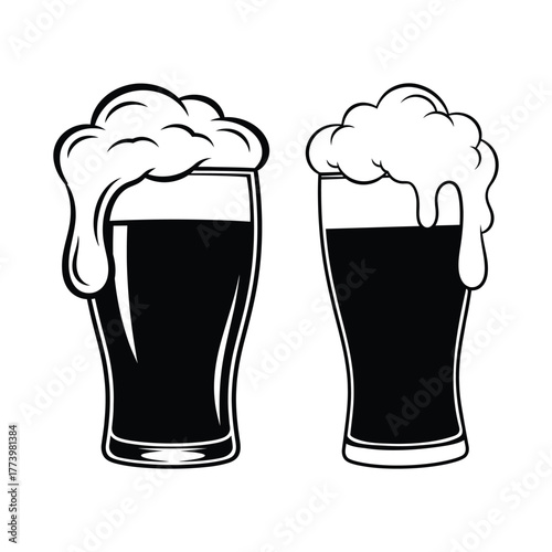 Two glasses of dark beer with overflowing frothy foam in a stylized black and white illustration