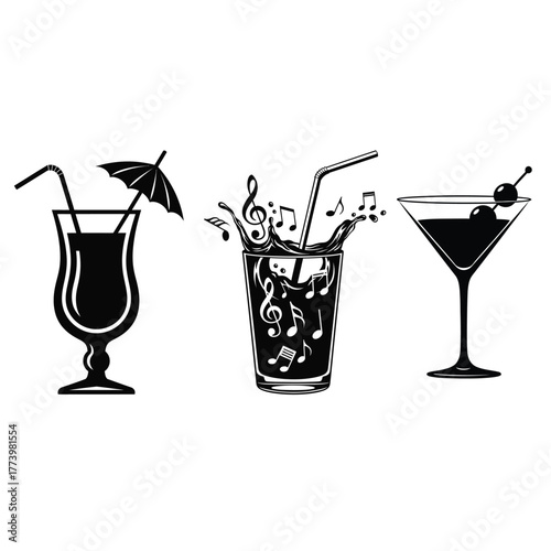 Three silhouetted cocktail drinks with straws and garnishes on a white background