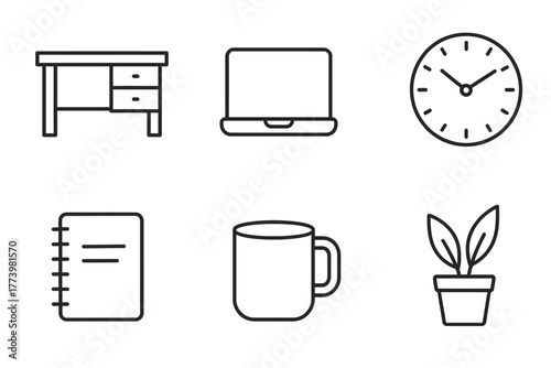 Minimalist office essentials: desk, laptop, clock, notebook, mug, plant