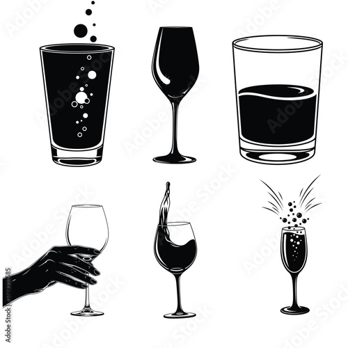 Collection of six diverse black and white beverage glasses filled with drinks and one hand holding a glass