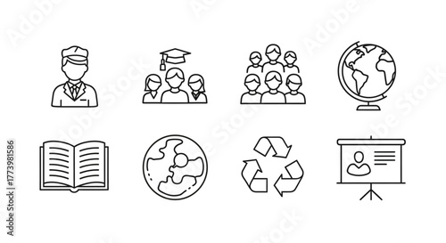 Education and learning icons: linear school elements featuring students, globe, and recycling
