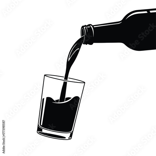 Dark liquid being poured from a bottle into a clear glass creating a refreshing beverage
