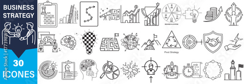 A collection of 30 business strategy icons presented in a distinctive silhouette style, showcasing various concepts and ideas.