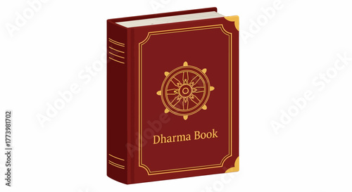 Classic spiritual scripture illustration, a richly detailed religious text with ornate golden embellishments and a symbolic emblem on its cover, representing profound philosophical traditions