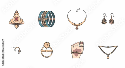 Collection of Elegant Jewelry Icons Necklaces, Bracelets, and Earrings in a Decorative Style