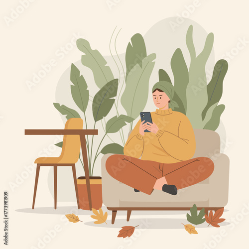Frustrated person on a cozy armchair using a phone surrounded by houseplants Technology stress