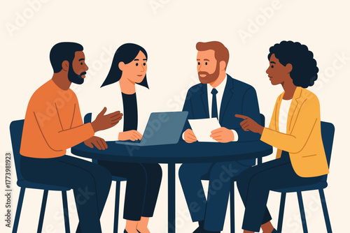 Diverse group of four professionals in business attire collaborating around a dark blue circular table indoors with a laptop and papers on a neutral background in a meeting.