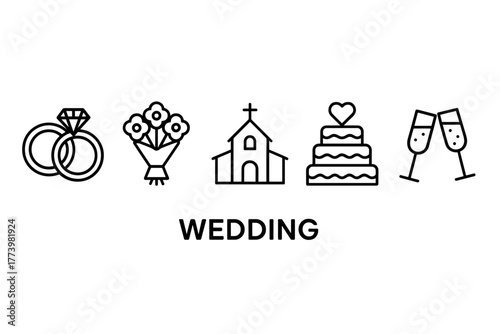 Wedding Icons Featuring Rings Bouquet Church Cake and Champagne Glasses Symbols of Celebration and Union