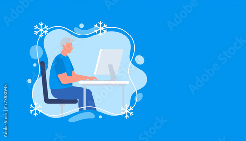 Senior man working remotely on desktop computer in a cold winter setting Telecommuting and technology