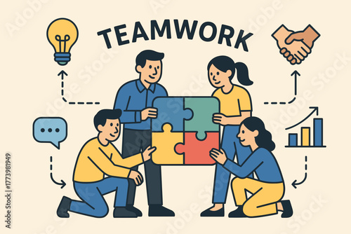 Diverse business team assembling colorful puzzle pieces symbolizing cooperation and shared goals under a bright idea lightbulb with handshake icon above a rising bar chart representing success and