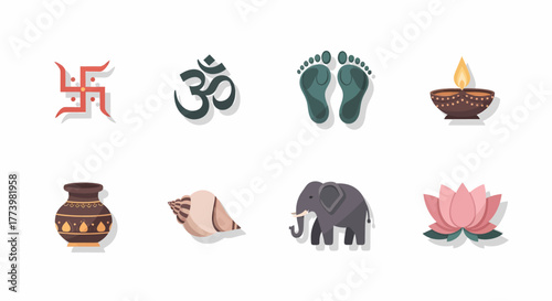 A set of auspicious Hindu religious symbols for Diwali celebration, including Om, Swastika, Lotus, and Diya lamp icons