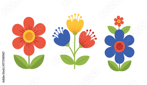 Simple flat design floral illustrations with vibrant colors, showcasing three distinct flower arrangements on white.