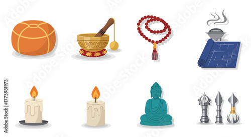 A collection of spiritual and meditation items, featuring Buddhist artifacts like a serene Buddha statue, traditional mala beads, a singing bowl, and flickering candles, rendered illustratively