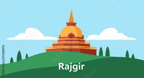 Rajgir, Ancient Indian City Stupa on a Green Hill Under a Blue Sky