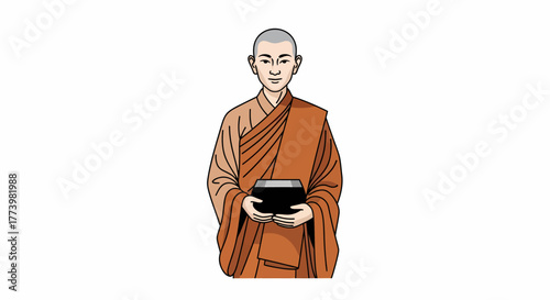 A serene drawing of a Buddhist monk wearing traditional orange robes and holding an alms bowl, isolated on a white background