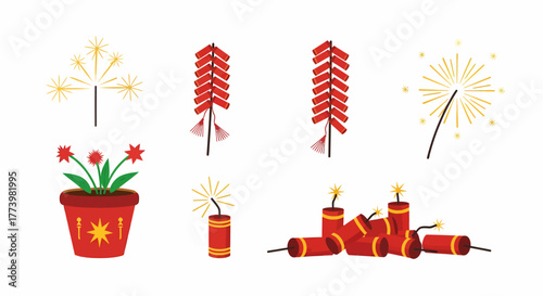 Set of festive firecrackers and fireworks, symbols of celebration and joy