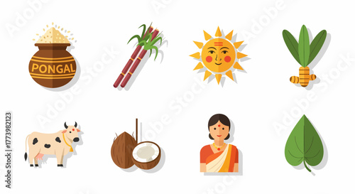 A set of colorful flat icons representing the traditions and symbols of the Pongal harvest festival celebrated in South India