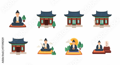 Buddhist Temple and Monk Icon Set Serenity in Meditation, Culture & Architecture Vector Elements