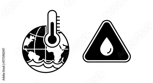 Climate change icons: global warming and water alert symbols