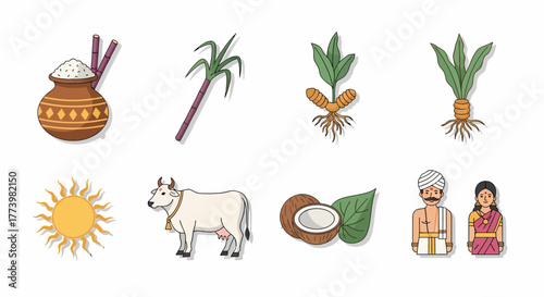 Harvest Festival Icons Pongal Celebration Elements Including Sugarcane, Rice, Sun, Cow, Coconut, and People