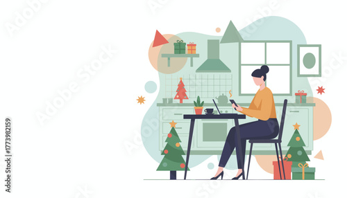 Woman working from home on smartphone in a festive kitchen Christmas holidays concept