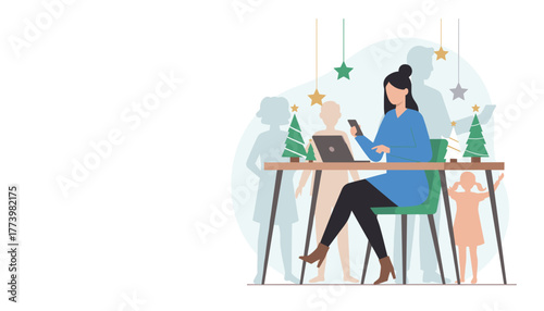 Remote work during Christmas Woman using phonelaptop at decorated desk