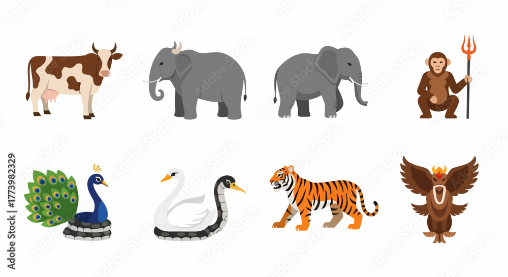 Fototapeta premium Collection of diverse animals including a cow, elephants, monkey, peacock, swan, tiger, and a mythical creature