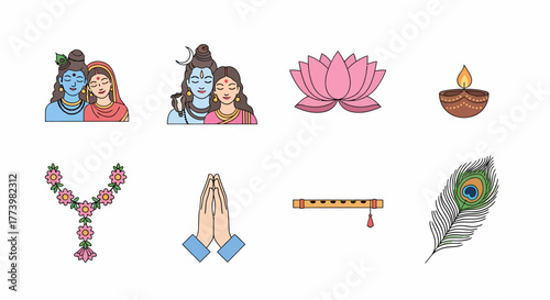 Vector set of Hindu deities and cultural symbols Shiva, Parvati, Krishna, lotus, diya, feather, flute, garland, prayer hands. Ideal for spiritual designs