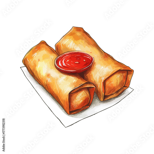 egg rolls with sauces hand drawn vector illustration