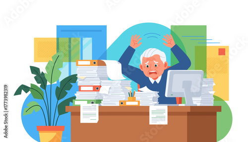 Overwhelmed senior employee panics at desk with massive paperwork and high work pressure