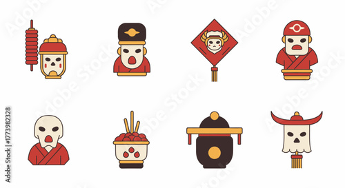 Chinese Ritual Icons Cultural Symbols and Spiritual Figures in Vector Art