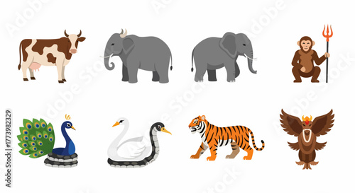 Collection of diverse animals including a cow, elephants, monkey, peacock, swan, tiger, and a mythical creature