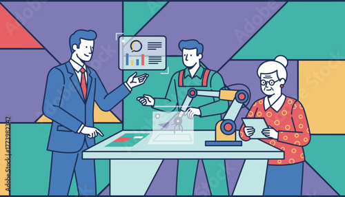 Team discusses automation using a robotic arm and virtual data displays