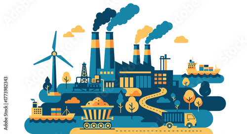 Industry ecosystem factory wind turbine transport and energy sources vector graphic