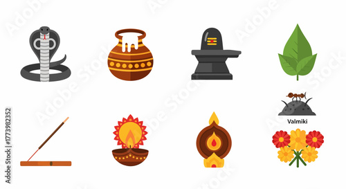 Hindu Auspicious Symbols Snake, Pot, Shiva Lingam, Leaf, Incense, Lamp, Flowers