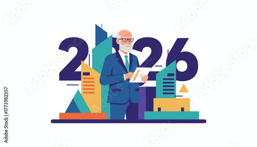 2026 business vision senior executive using a tablet among abstract city skyline shapes