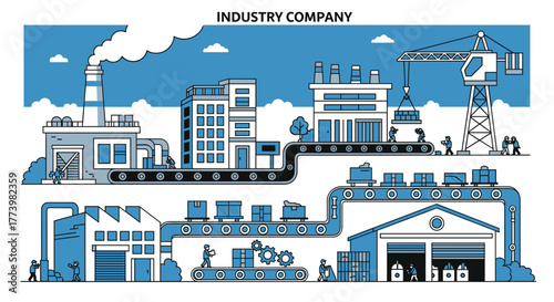 Industry company production line illustration with factories logistics and workers