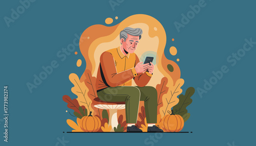 Senior man scrolling smartphone in an autumn setting among fall leaves and pumpkins