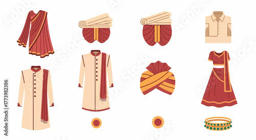 Traditional Indian Wedding Attire Vector Illustration Saree, Sherwani, Turban