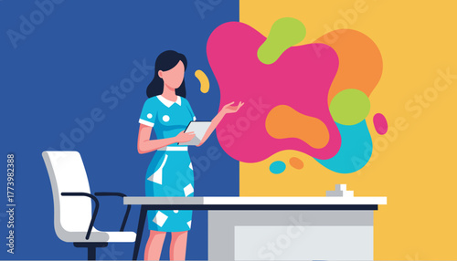 Woman presenter with tablet discussing colorful abstract ideas creative business meeting illustration