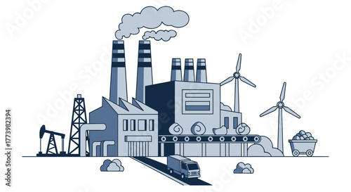 Industrial complex production fossil fuel extraction oil coal pollution and renewable wind energy