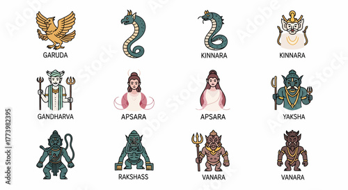 Collection of mythological figures and deities from Indian culture and folklore, including Garuda, apsaras, and rakshasas
