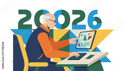 Elderly man interacting with digital screen focused on 2026 goal setting and future planning