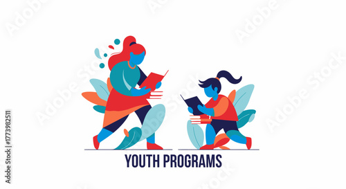 Flat vector illustration of a mother and daughter reading books together, a colorful concept for education, literacy, and youth development programs