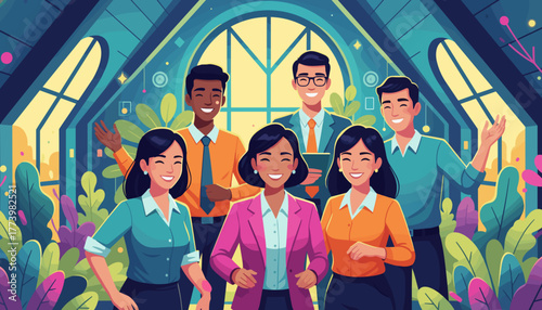 Happy diverse business team smiling in a modern sustainable office environment