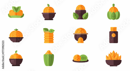 Flat design vector icons of food. Features prepared dishes, grains, and ingredients in bowls and stylized containers. Ideal for culinary themes, menus, and digital applications
