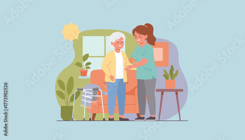 Caregiver supporting senior woman with mobility at home Home health service illustration