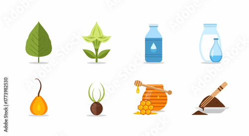 A versatile set of flat design icons depicting natural food ingredients and plants. Vector collection including honey, milk, leaves, and flowers for web and print